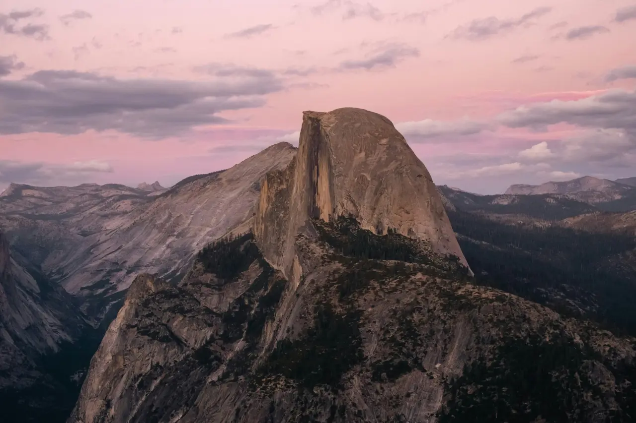 Pink Sunset Over Half Dome – red and black desktop wallpaper, 4289×2859