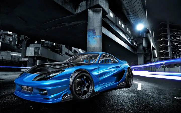 Blue Sports Car Underpass as a phone lock screen