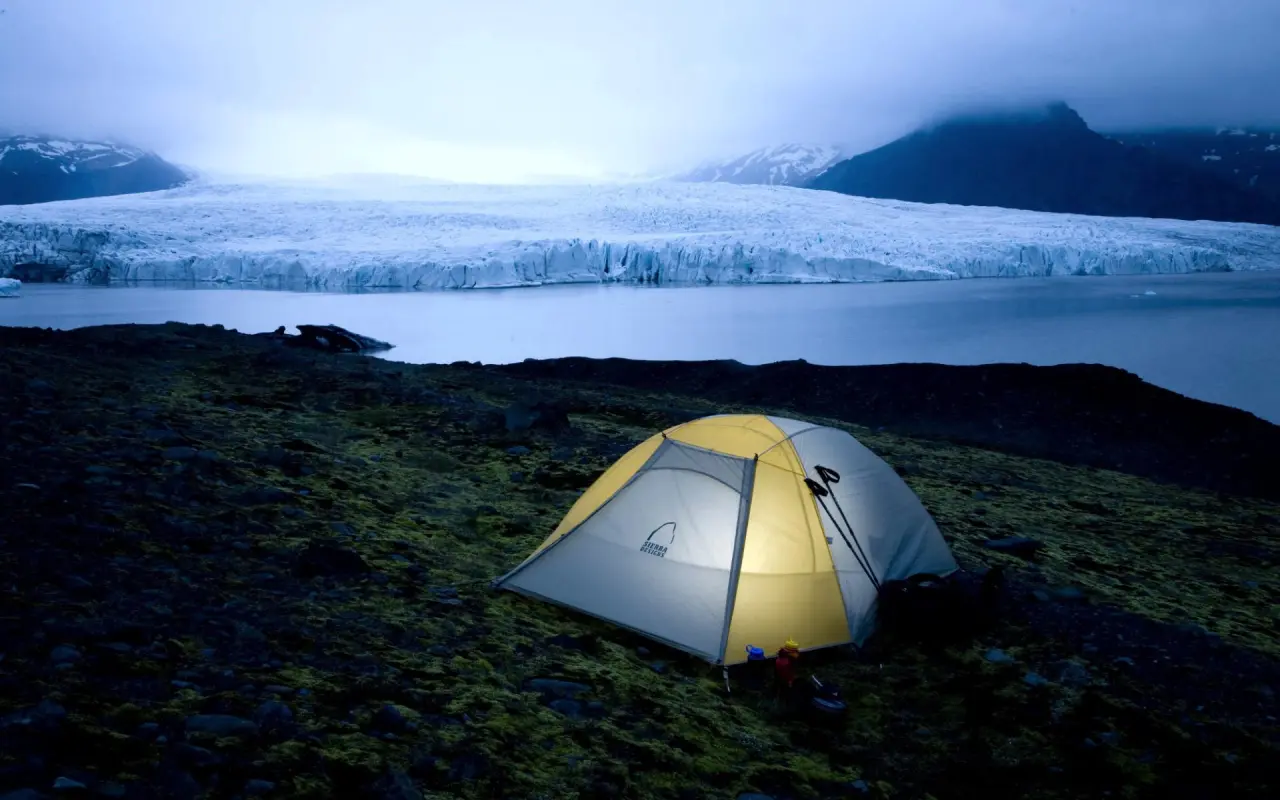 Glacial Camp Under Fog – black and blue desktop wallpaper, 1920×1200