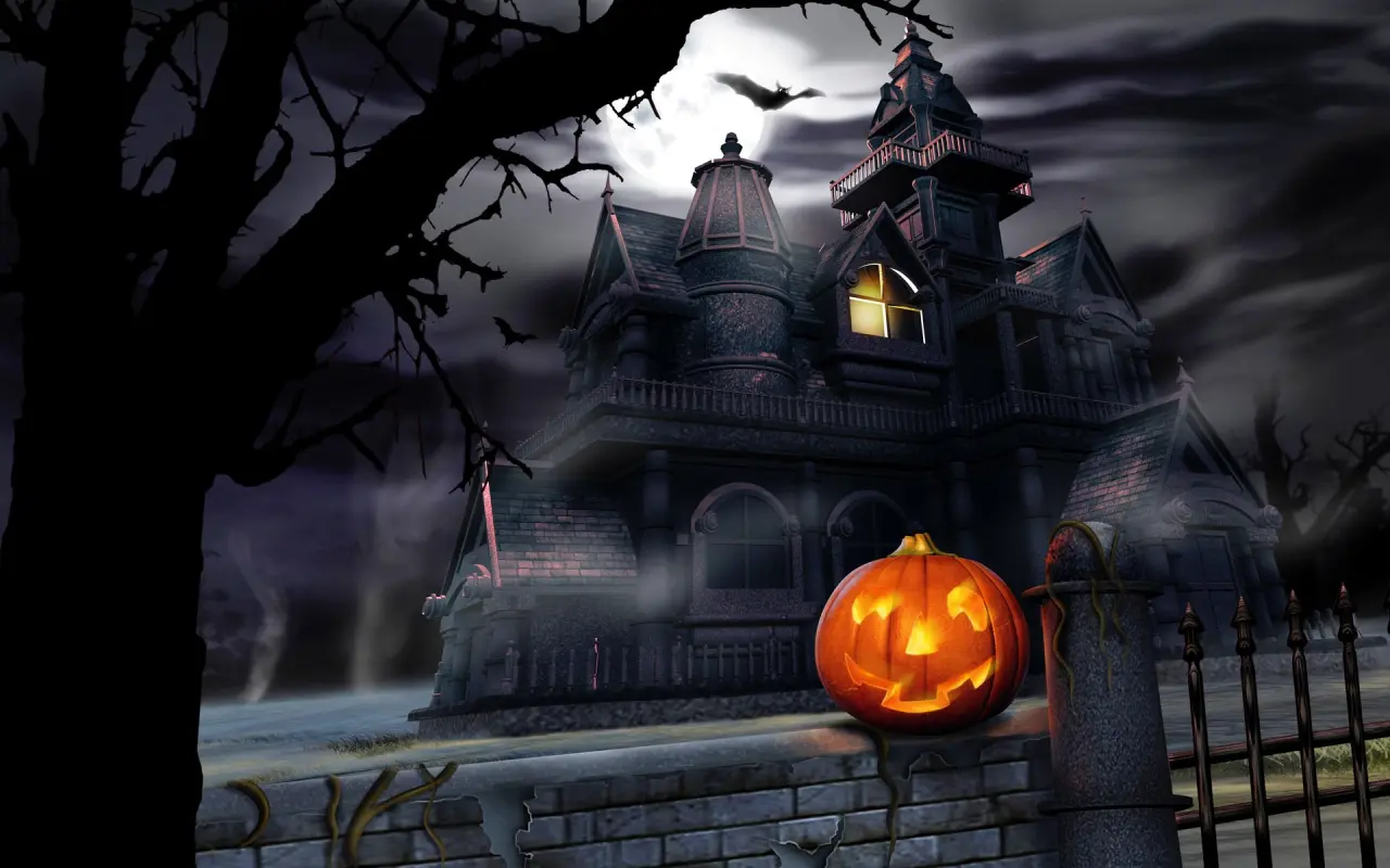 Haunted Mansion Under Moonlight – black and grey desktop wallpaper, 1920×1200