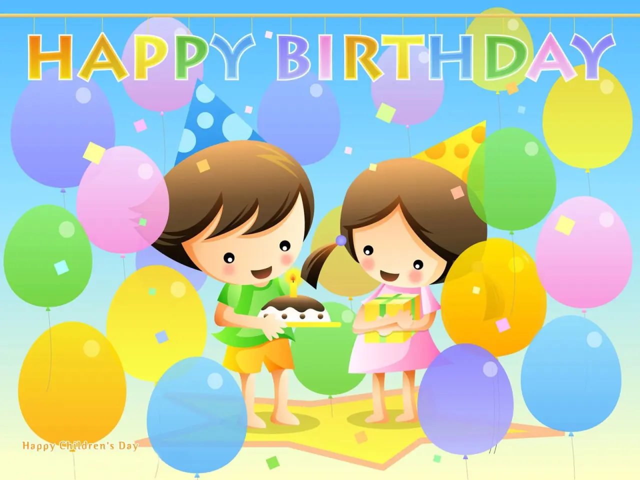 Happy Childrens Birthday – blue and yellow desktop wallpaper, 1600×1200