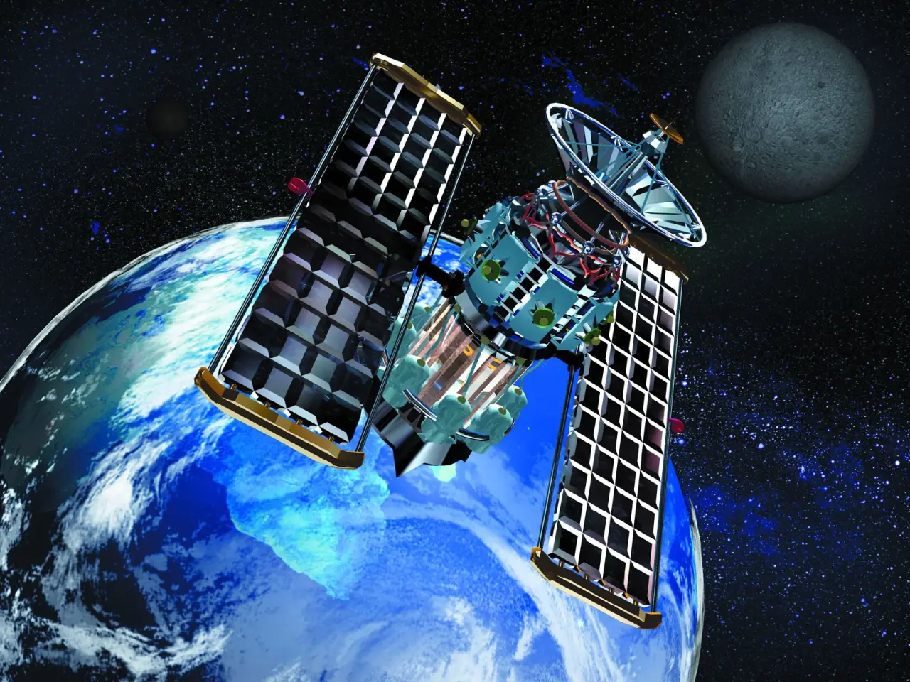 Satellite Orbiting Planet Earth – black and blue desktop wallpaper, 1600×1200