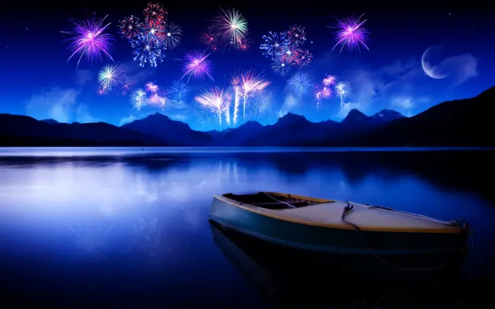 Midnight Fireworks Over Lake as a phone lock screen