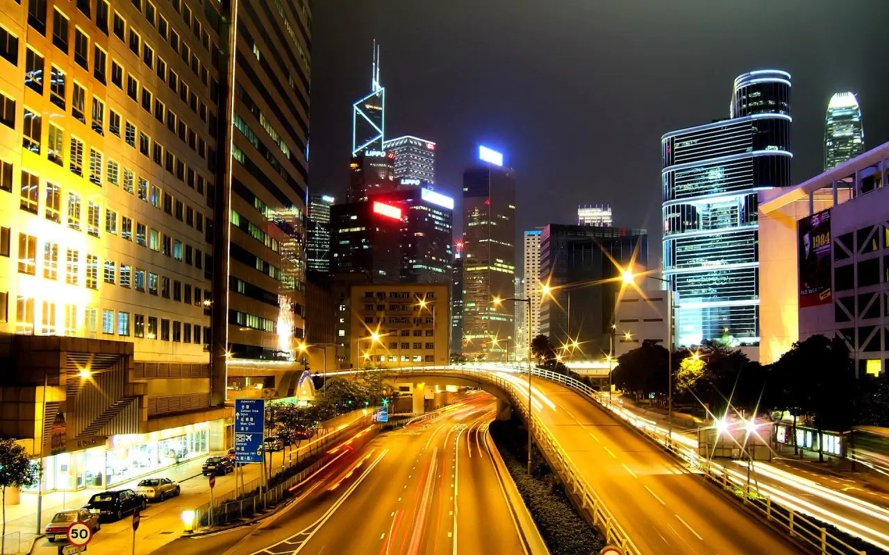 Neon City Highway at Night – black and grey desktop wallpaper, 1920×1200