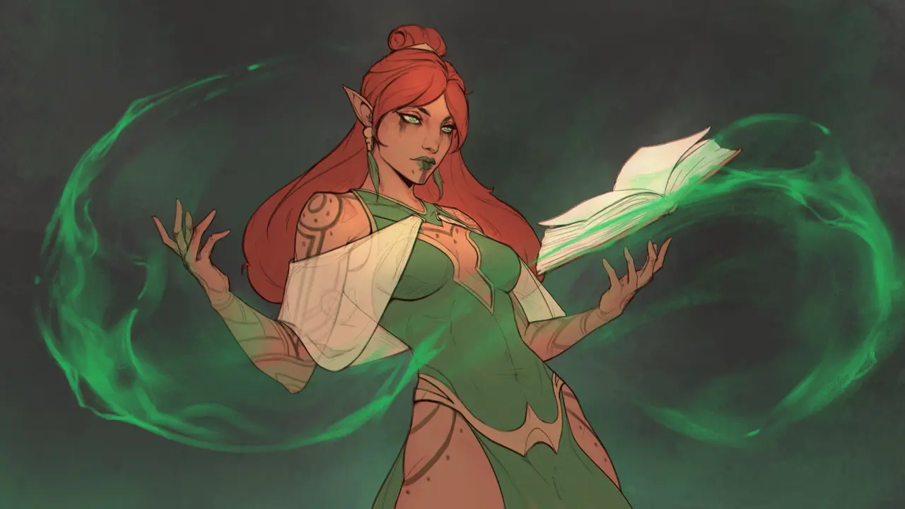 Spellbinding Green Sorceress – black and green desktop wallpaper, 4018×2260