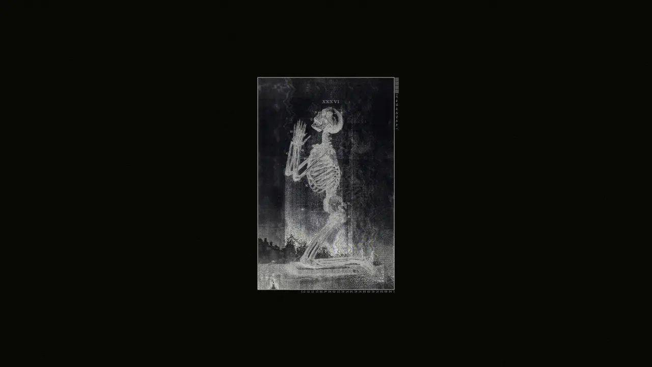 Kneeling Skeleton In Prayer – black and grey desktop wallpaper, 3840×2160