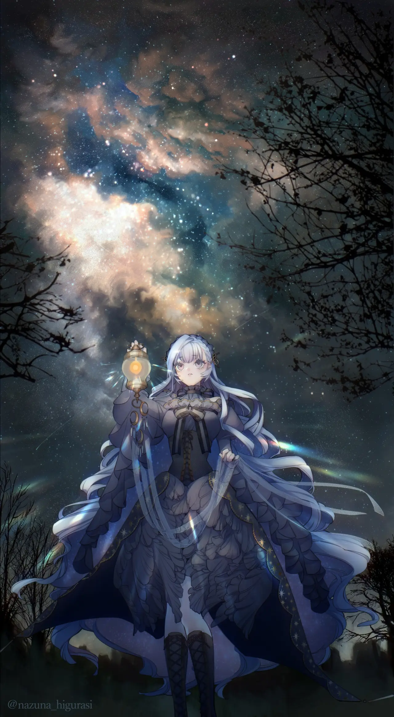Lantern Under Starlit Sky – black and purple phone wallpaper, 1540×2800
