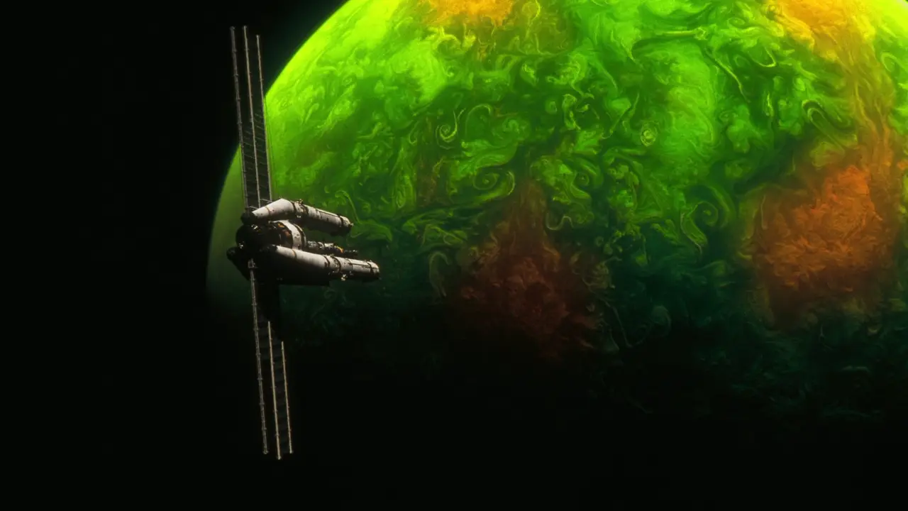 Satellite Orbiting Alien Planet – black and green desktop wallpaper, 2560×1440