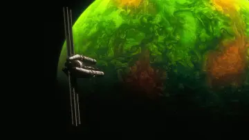 Satellite Orbiting Alien Planet wallpaper