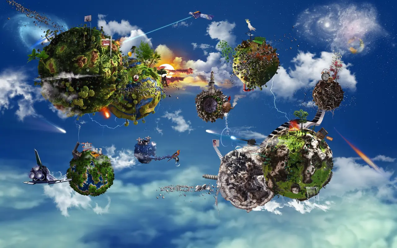 Floating Miniature Worlds – purple and blue desktop wallpaper, 1920×1200