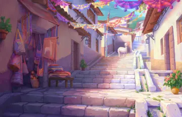 Sunlit Mountain Village Street wallpaper