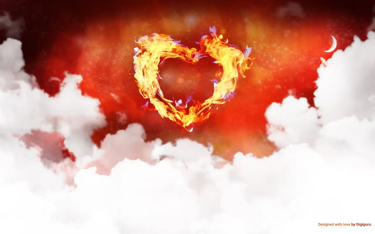 Burning Heart in Clouds – white and red desktop wallpaper, 1920×1200